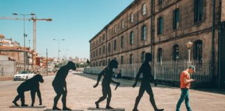 Evolution - people and monkeys walking on sidewalk