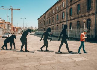 Evolution - people and monkeys walking on sidewalk