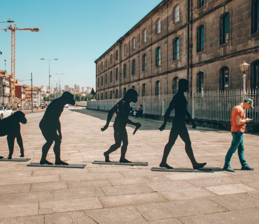 Future Evolution Of Humans? Evolution - people and monkeys walking on sidewalk