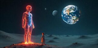 Surreal cosmic landscape. A translucent human figure made of stars stands on a floating hourglass.