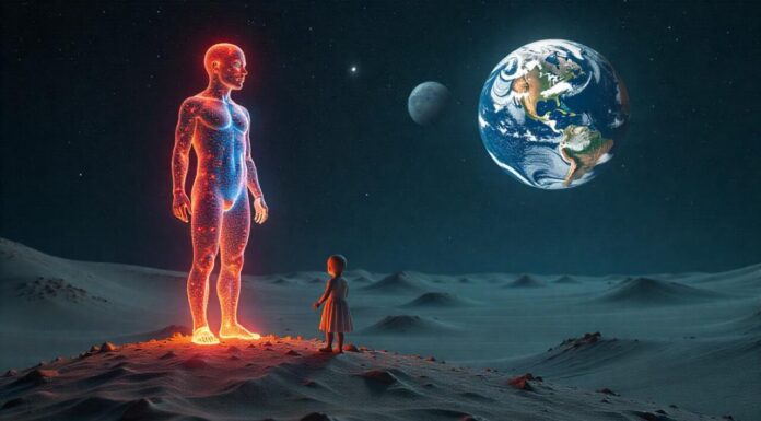Surreal cosmic landscape. A translucent human figure made of stars stands on a floating hourglass.