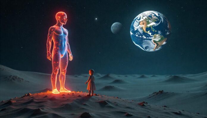 Surreal cosmic landscape. A translucent human figure made of stars stands on a floating hourglass.