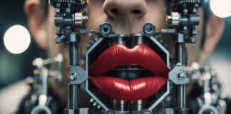 Human robot kissing machine with red lips