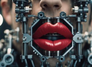 Human robot kissing machine with red lips