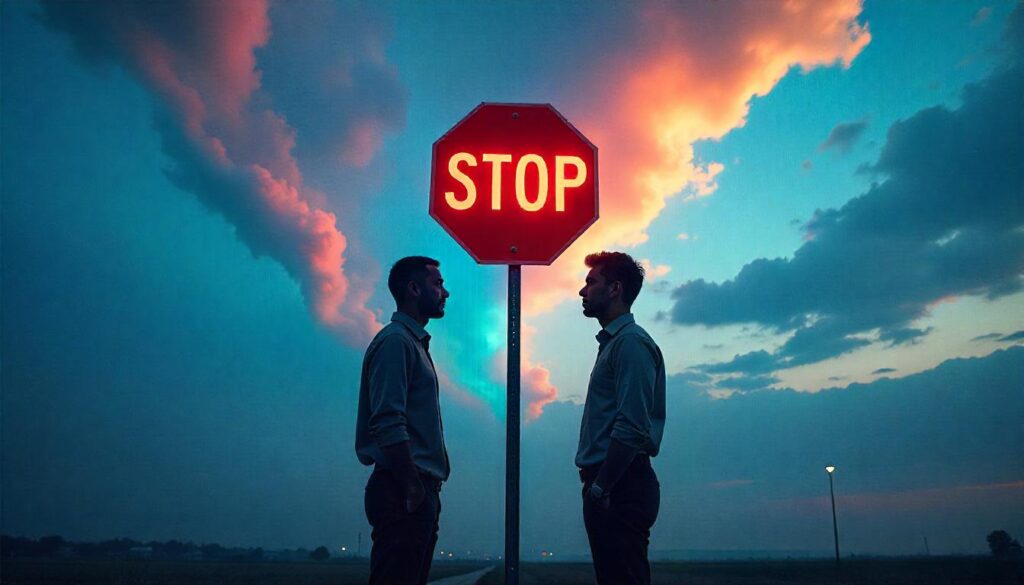 Stop sign and two people