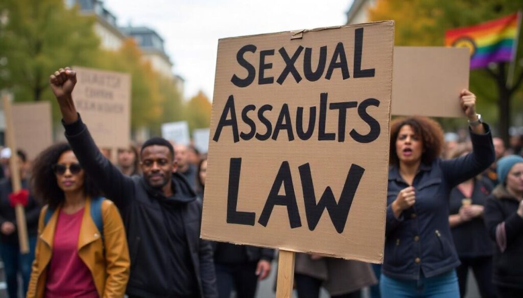 People carying sexual assault law sign