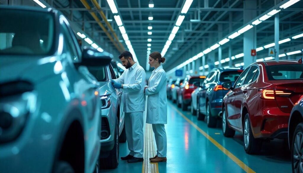 Twp people in car production factory plant