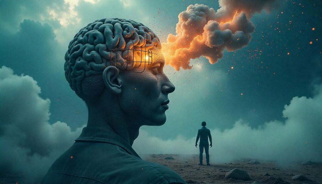 Large human head depicted in some kind of dystopia