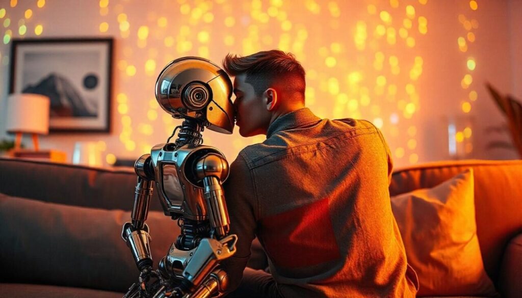 Male person and robot kissing