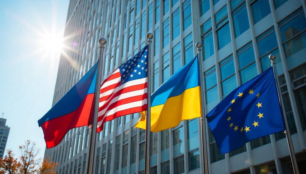 Flags of Russia, USA, Ukraine and European Union