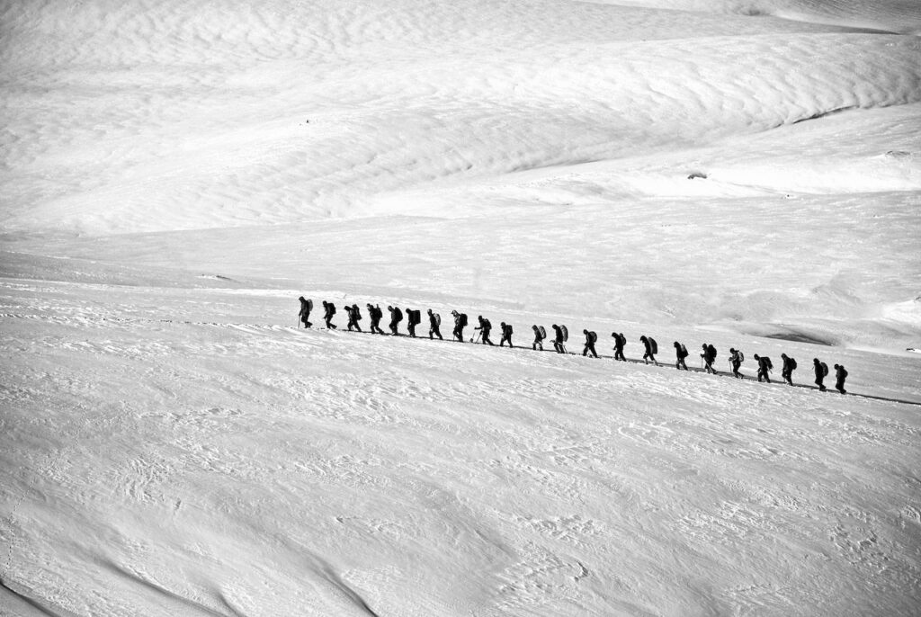 People walking in a row on snow representing statistics