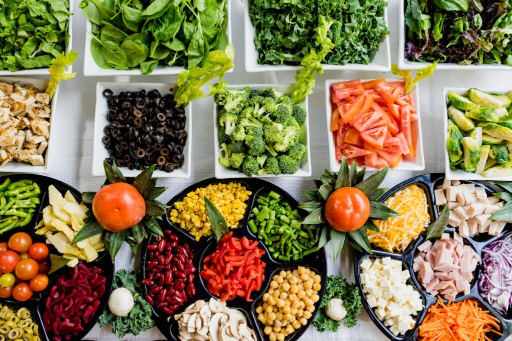 Different foods on a table shown from above