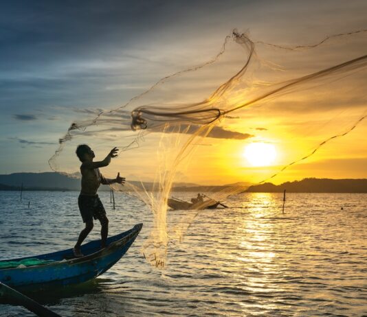 What Would Happen If We Stopped Fishing? Person on sea in a boat throwing net to catch the fish