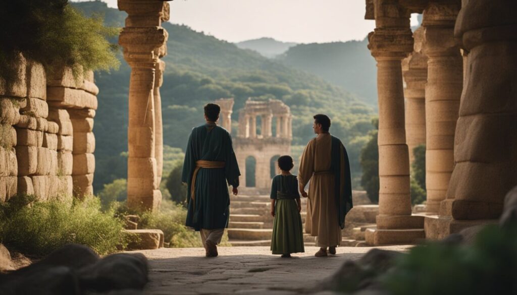 Two people and child walking in temple