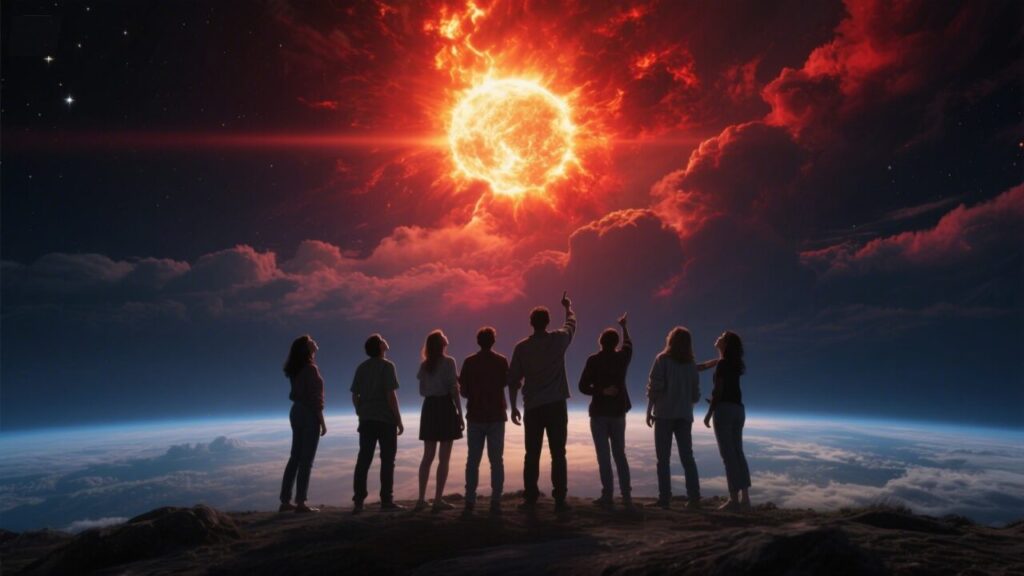 Humans on Earth looking at sun explosion