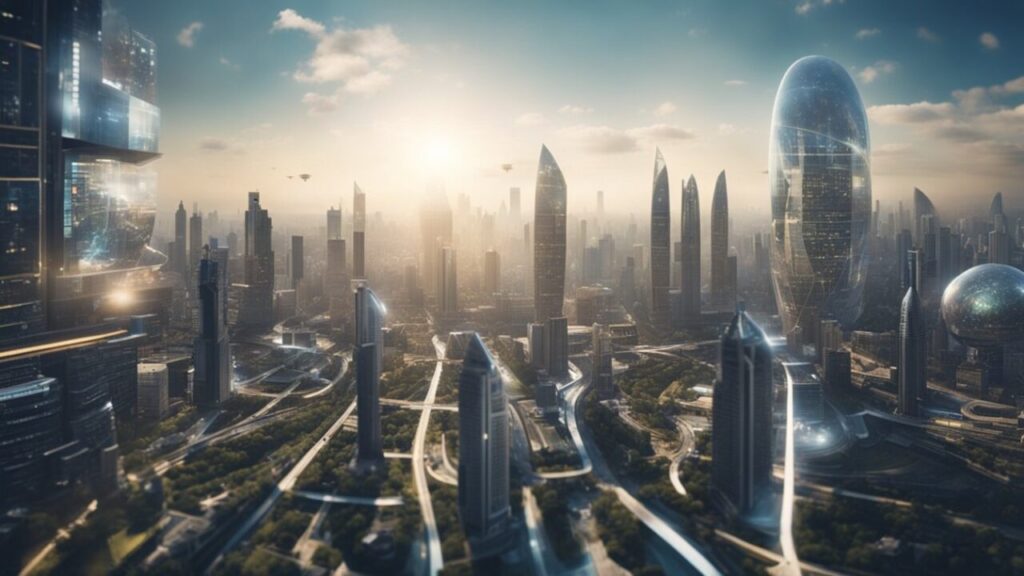 Life in 2050. Modern buildings and skyscrapers in the future.