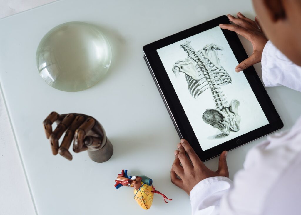 Unrecognizable African American scientist studying anatomy & physiology with tablet