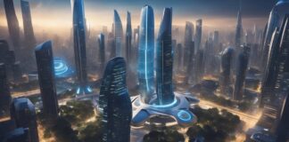 Futuristic city in year 2050. Tall shiny buildings