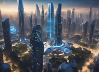 Futuristic city in year 2050. Tall shiny buildings