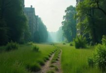 Empty abandoned city taken over by nature