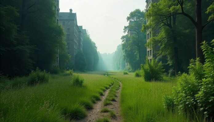 Empty abandoned city taken over by nature