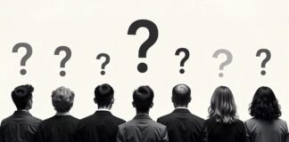 People standing in a row with question mark above their head