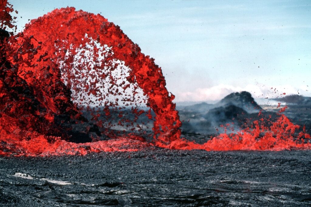 Volcano and red lava