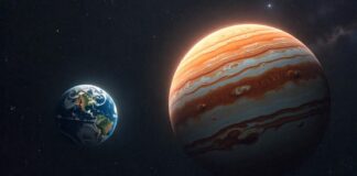 Planet Earth vs planet Jupiter side by side