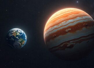 Planet Earth vs planet Jupiter side by side