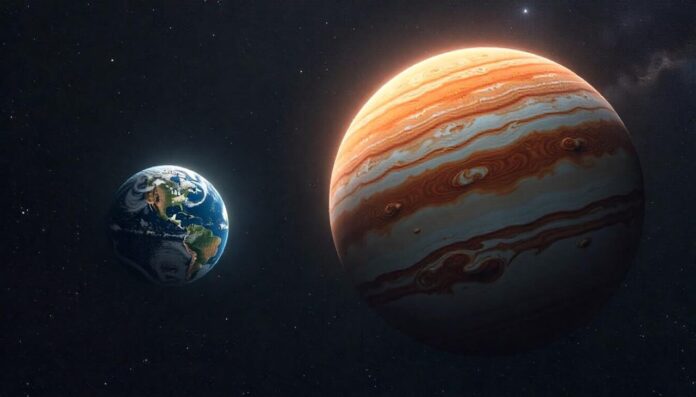 Planet Earth vs planet Jupiter side by side