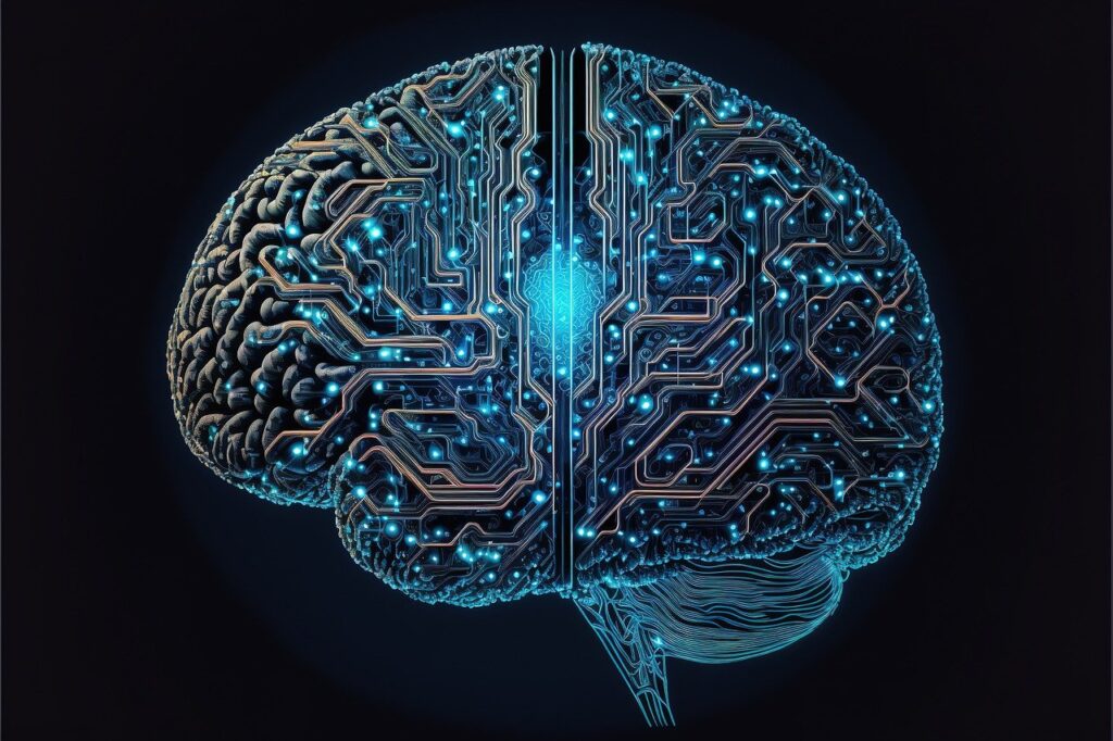 Human brain connected with different computer interfaces