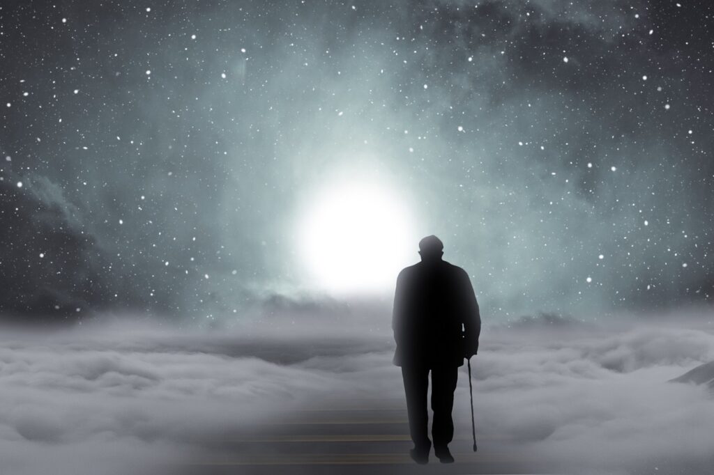 Old person walking in clouds