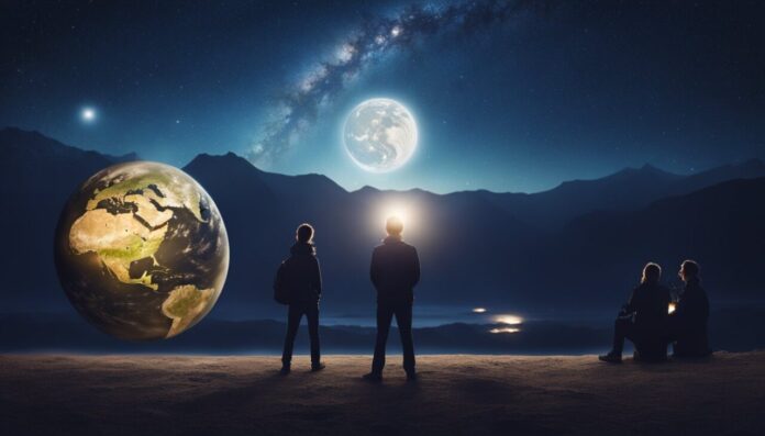 People looking at Earth and Moon