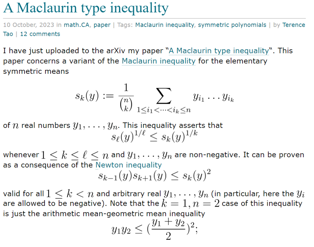 Terence Tao's equations on his blog. Maclaurin type inequality