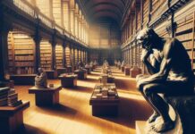 Ancient philosopher sitting in library and thinking about meaning and purpose of life