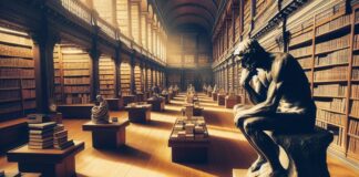 Ancient philosopher sitting in library and thinking about meaning and purpose of life