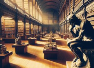 Ancient philosopher sitting in library and thinking about meaning and purpose of life