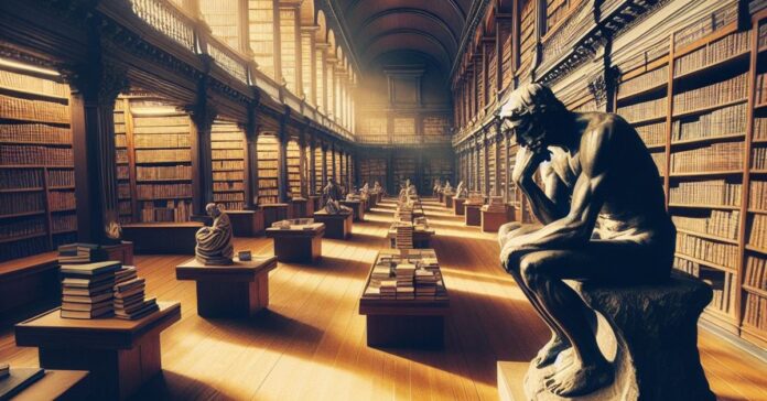 Ancient philosopher sitting in library and thinking about meaning and purpose of life