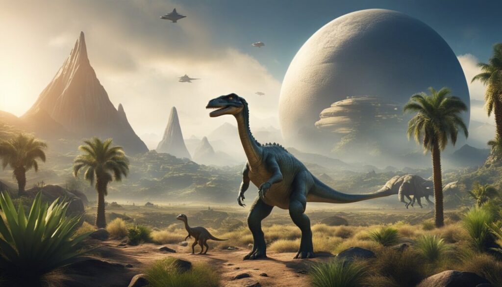 Aliens flying above dinosaurs with big planet in background
