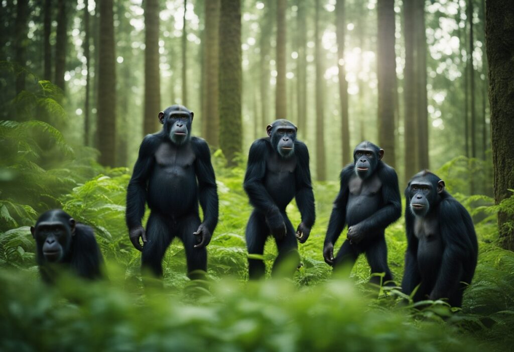 First apes in human evolution. Picture showing several monkeys in the forest.