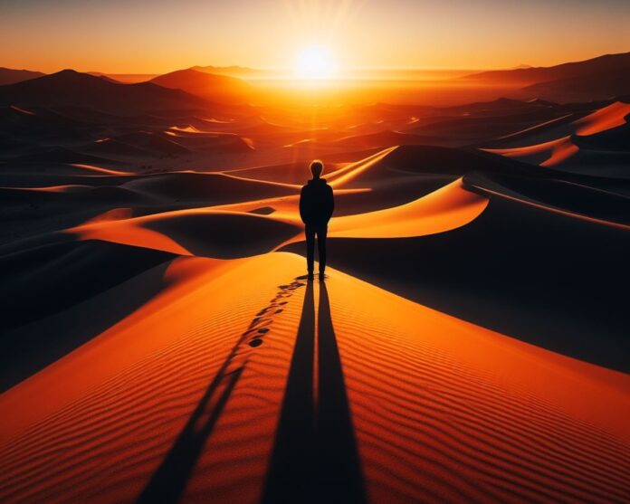 First person on Earth - lone human standing in the middle of desert