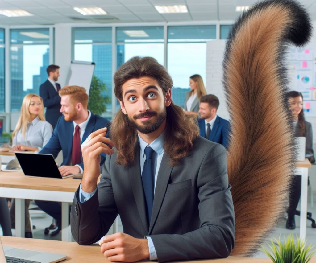 Person with a tail in office workplace