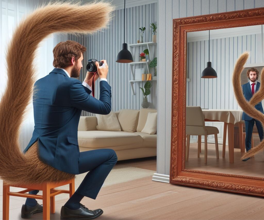 Person with a tail sitting in living room