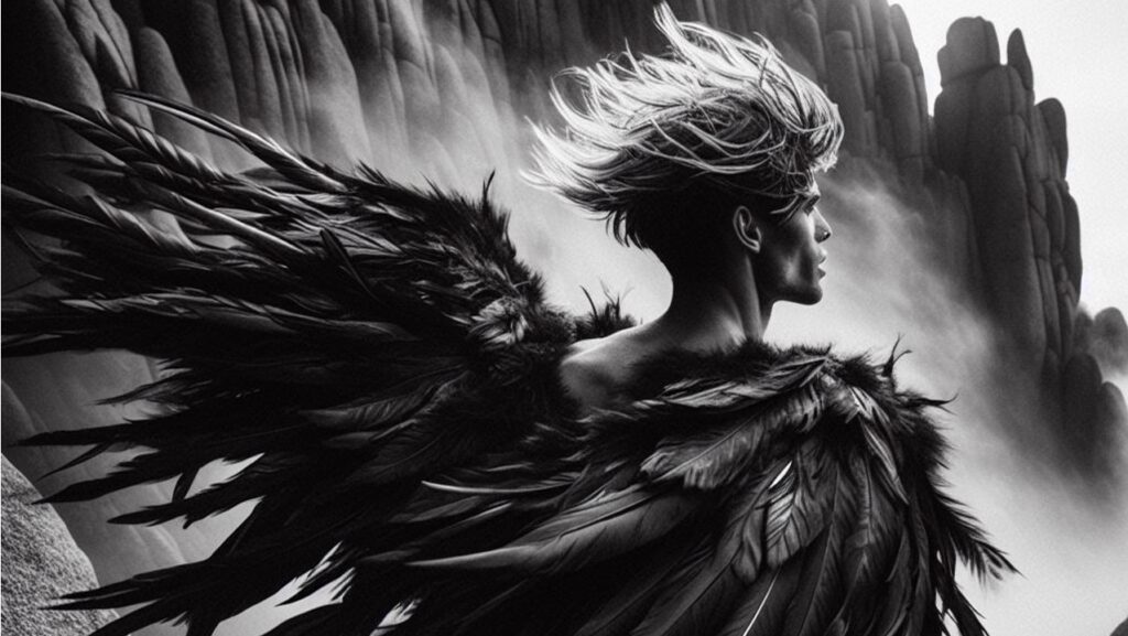 Person with wings, black and white