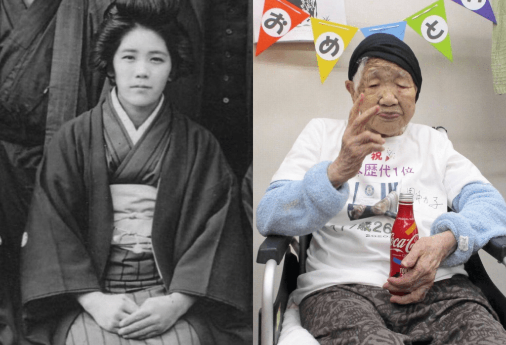 Kane Tanaka. On the left as a young woman and on the right as a supercentenarian.