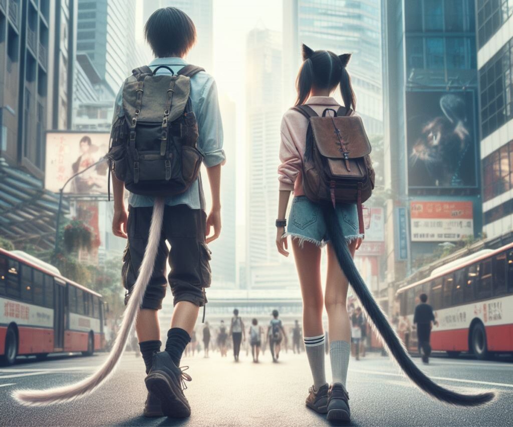 Two people with tail in a city