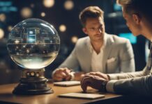 People sitting at the table with glass prediction ball