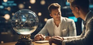 People sitting at the table with glass prediction ball