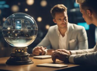 People sitting at the table with glass prediction ball