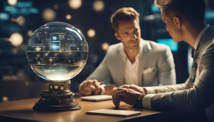 People sitting at the table with glass prediction ball